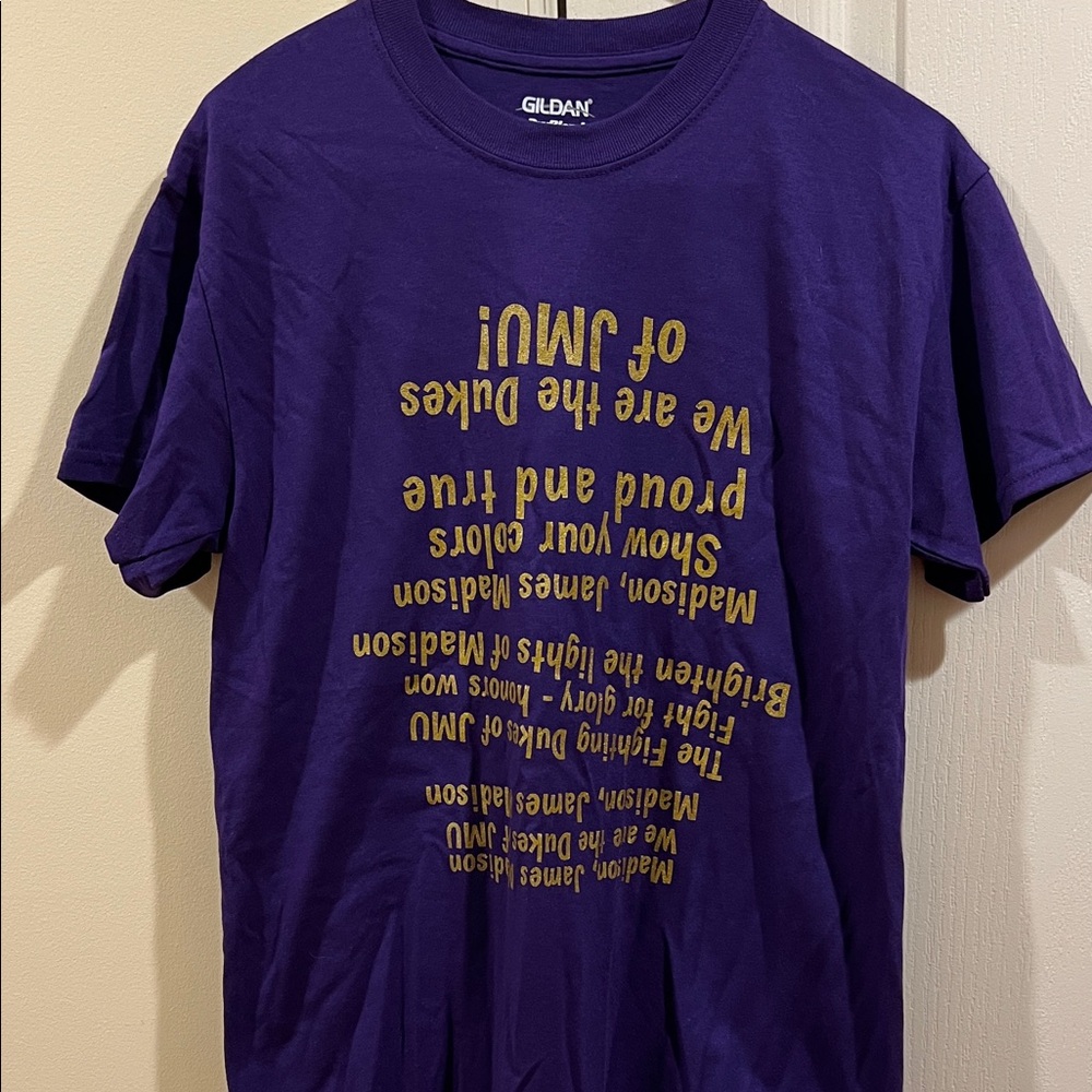 JMU Purple T‑Shirt with Gold Upside‑Down Text